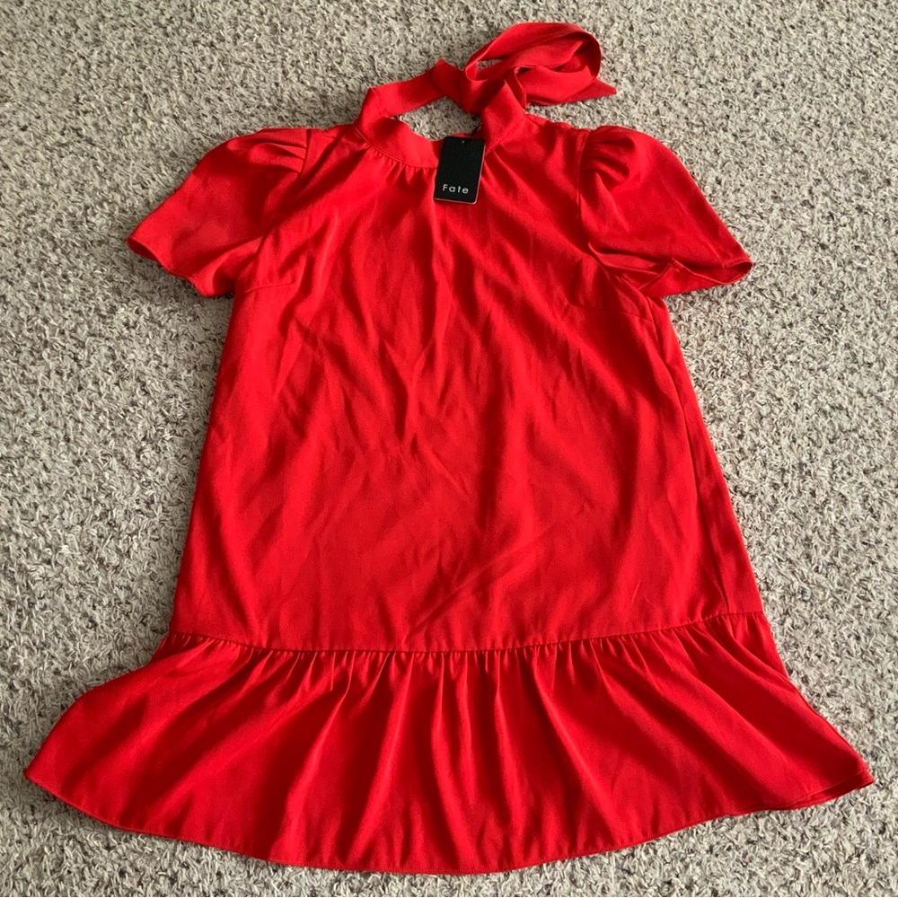 Fate Red Tie Ruffle Hem Short Dress
